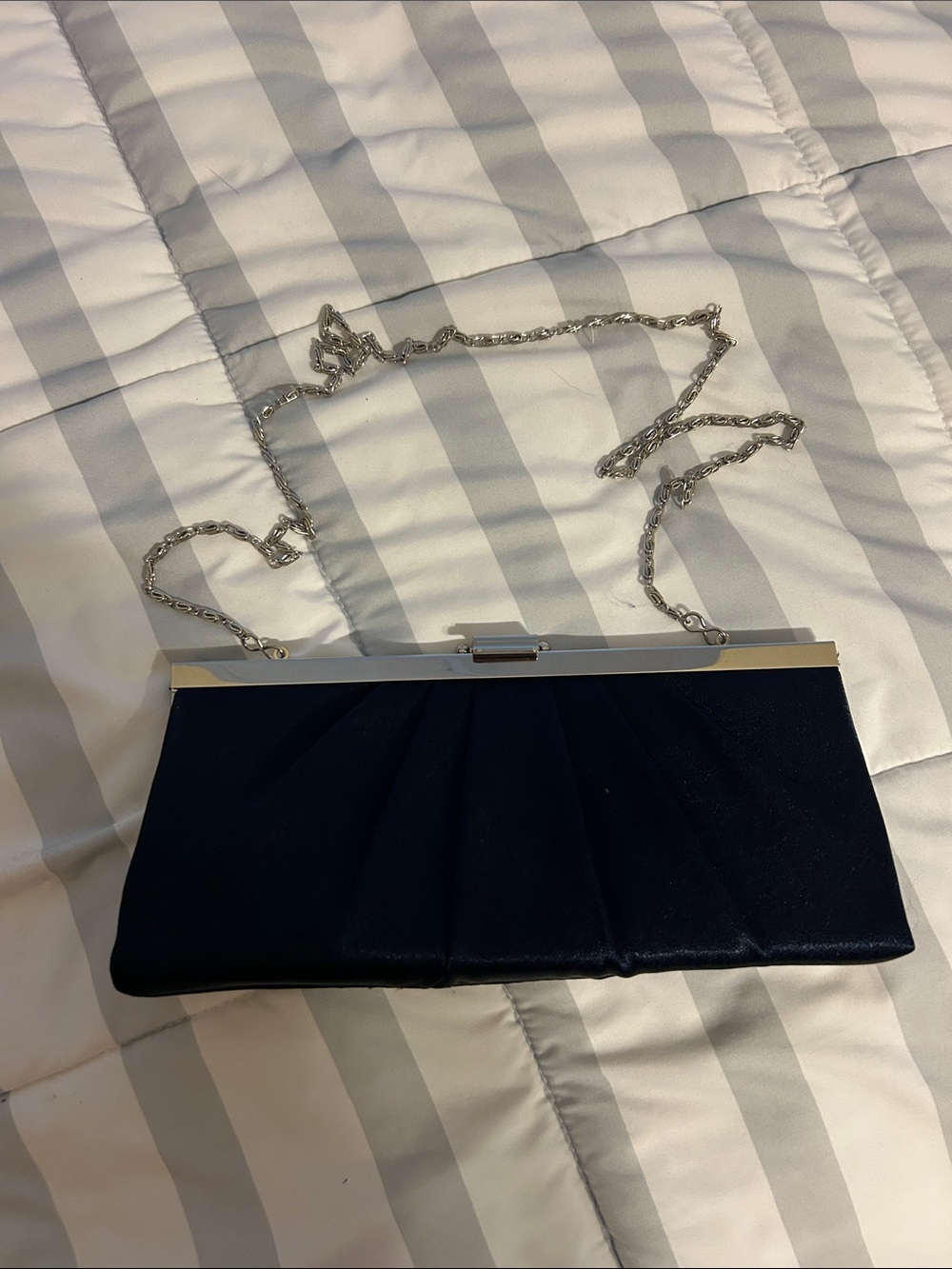 Jessica McClintock Navy Satin Clutch with Silver Chain Strap